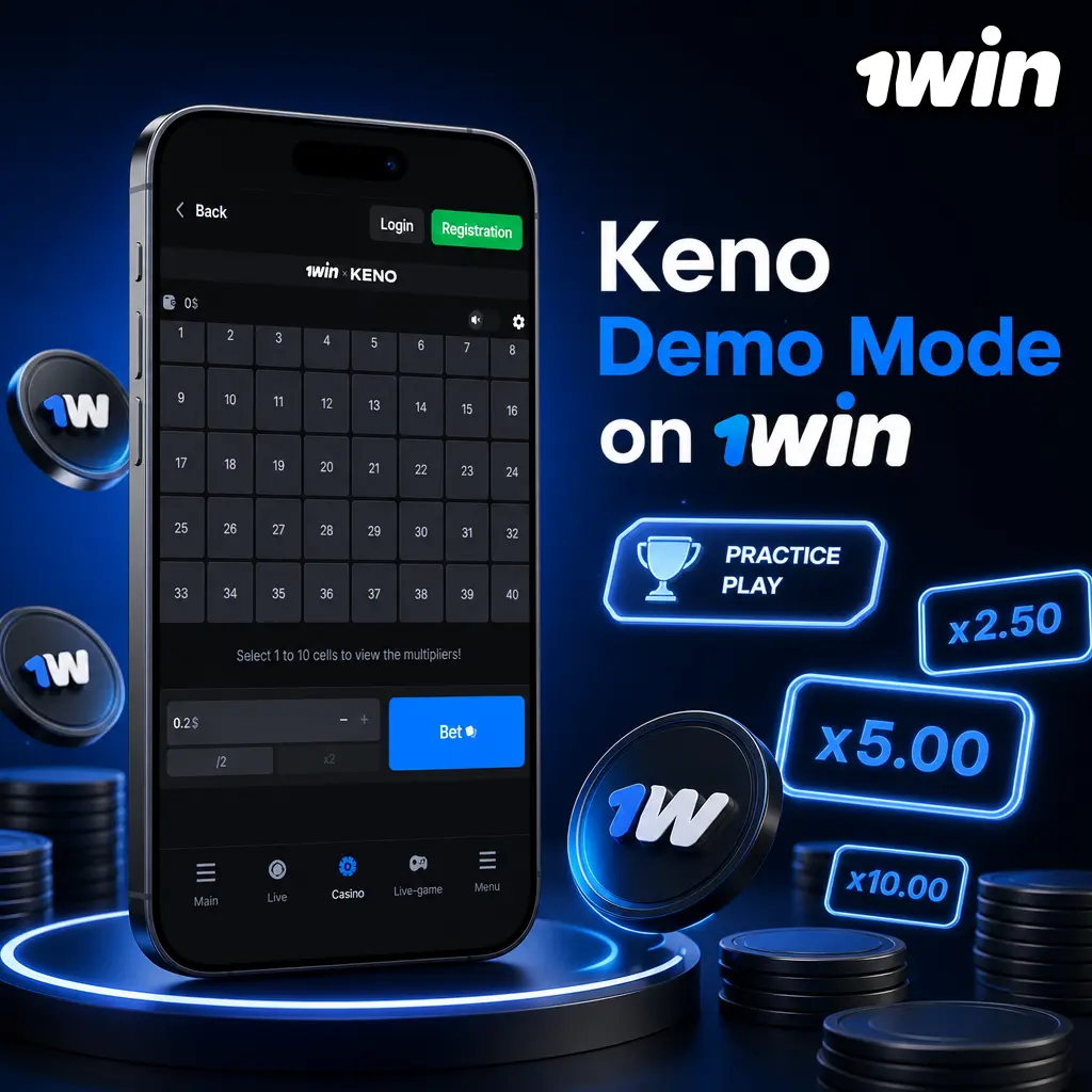 Keno demo mode on 1win showing free virtual credits play with full paytable and volatility settings