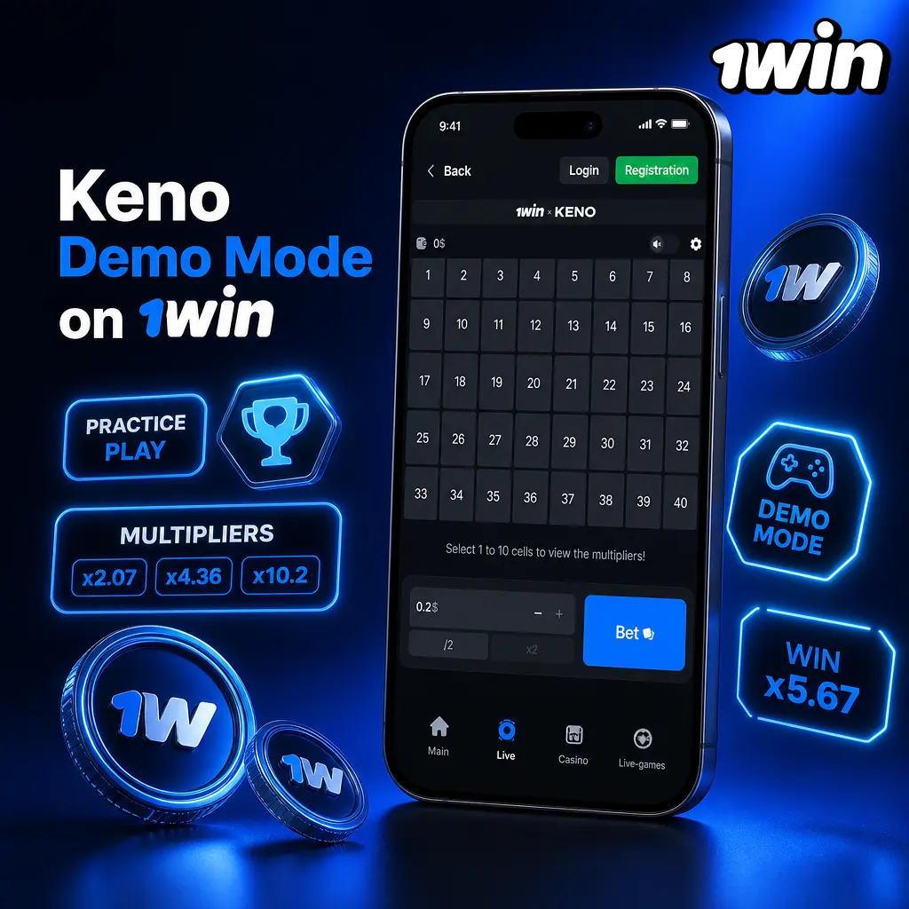 Keno demo mode on 1win: play free with 1,000 credits, no signup, same 97% RTP and multipliers as real-money mode.
