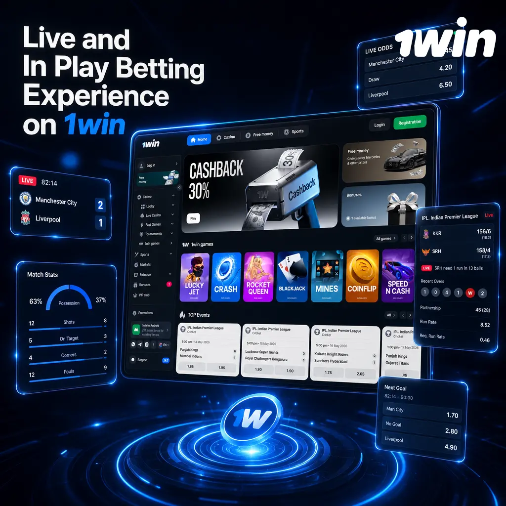 1win live betting interface showing real-time odds updates and stats panel during an IPL cricket match and Premier League football fixture