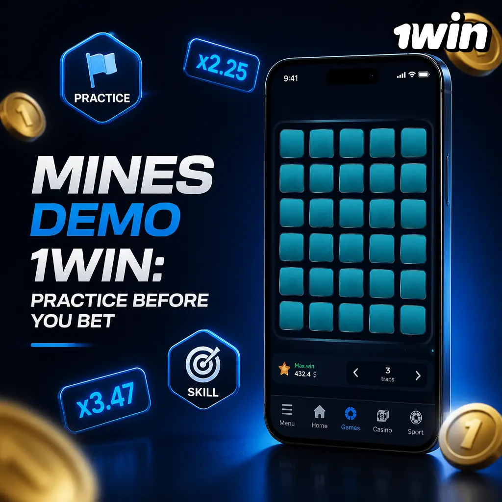 1win Mines demo mode showing multiplier display and adjustable mine count for risk-free practice play
