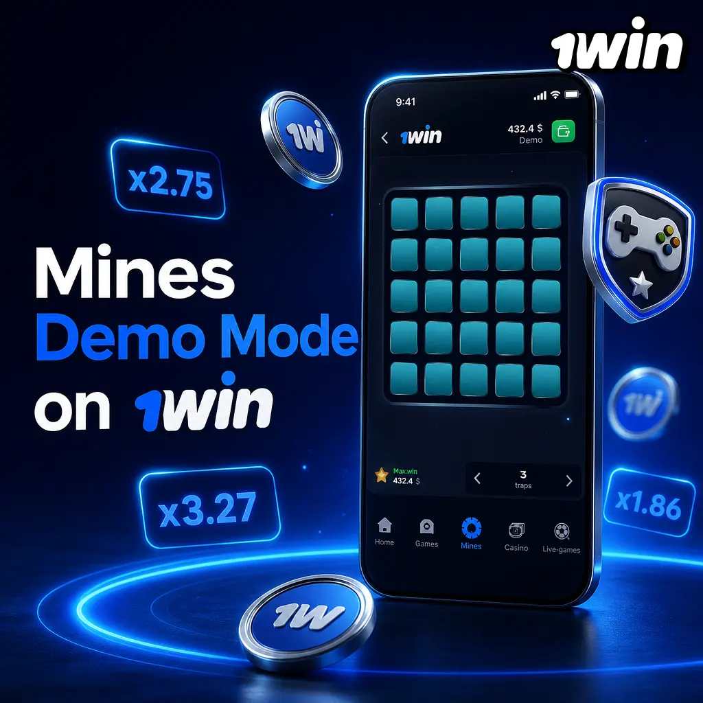1win Mines demo mode showing virtual credits, grid size, mines count, and cash out controls on desktop and mobile.