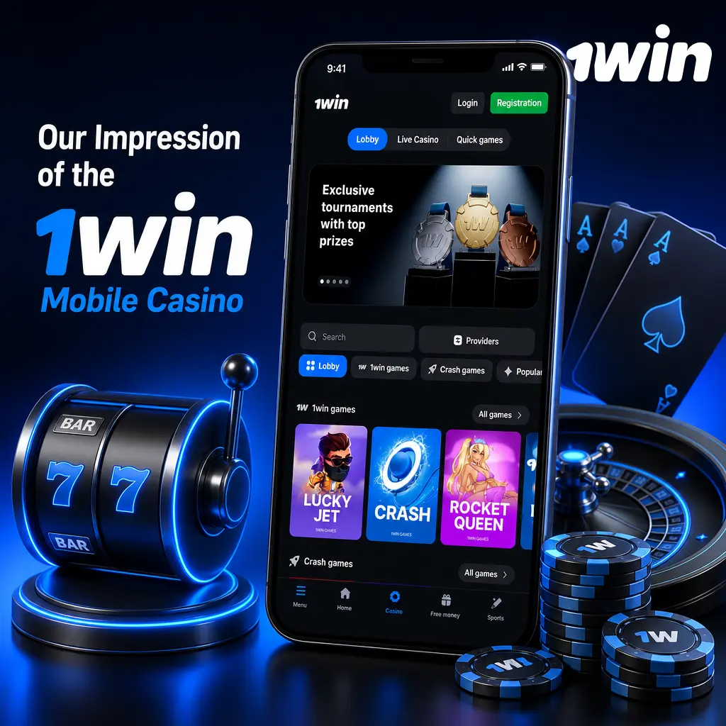 1win mobile casino app showing organized categories: slots, live casino, table games, instant games, jackpots, TV games, and poker