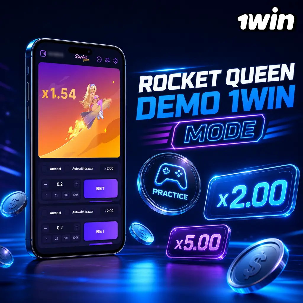 Rocket Queen demo mode on 1win with 100,000 virtual credits to practice cascades and multipliers risk-free