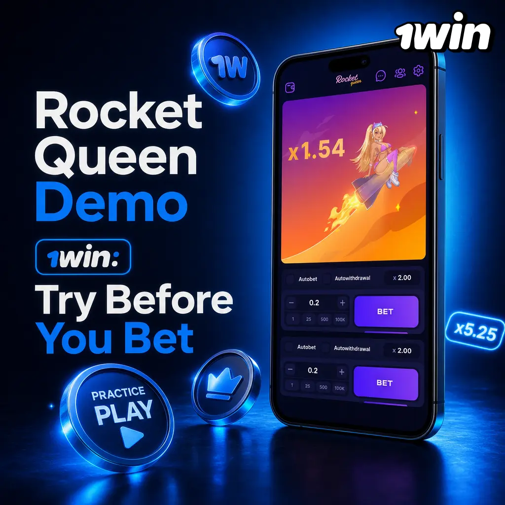 Rocket Queen demo at 1win casino lobby showing cascade mechanic and multiplier ladder with free virtual credits