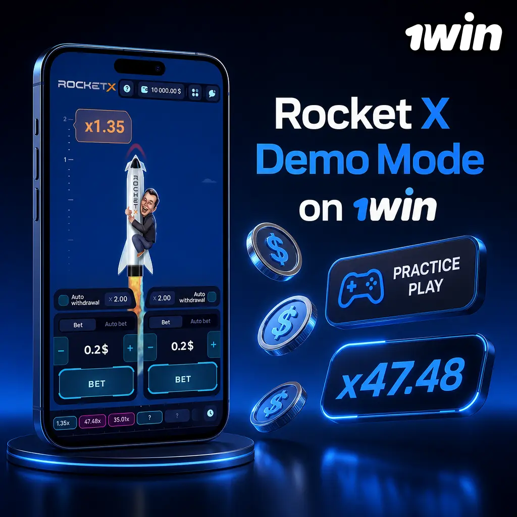 Rocket X demo mode on 1win showing virtual credits, auto cashout, and multiple rocket launches for risk-free practice