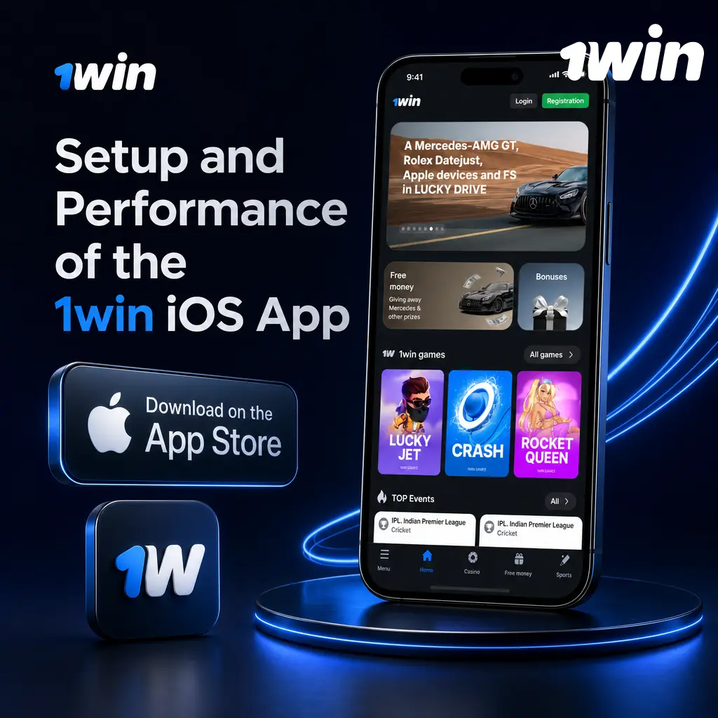 1win iOS app installation steps showing profile download, trust settings, and login screen on iPhone