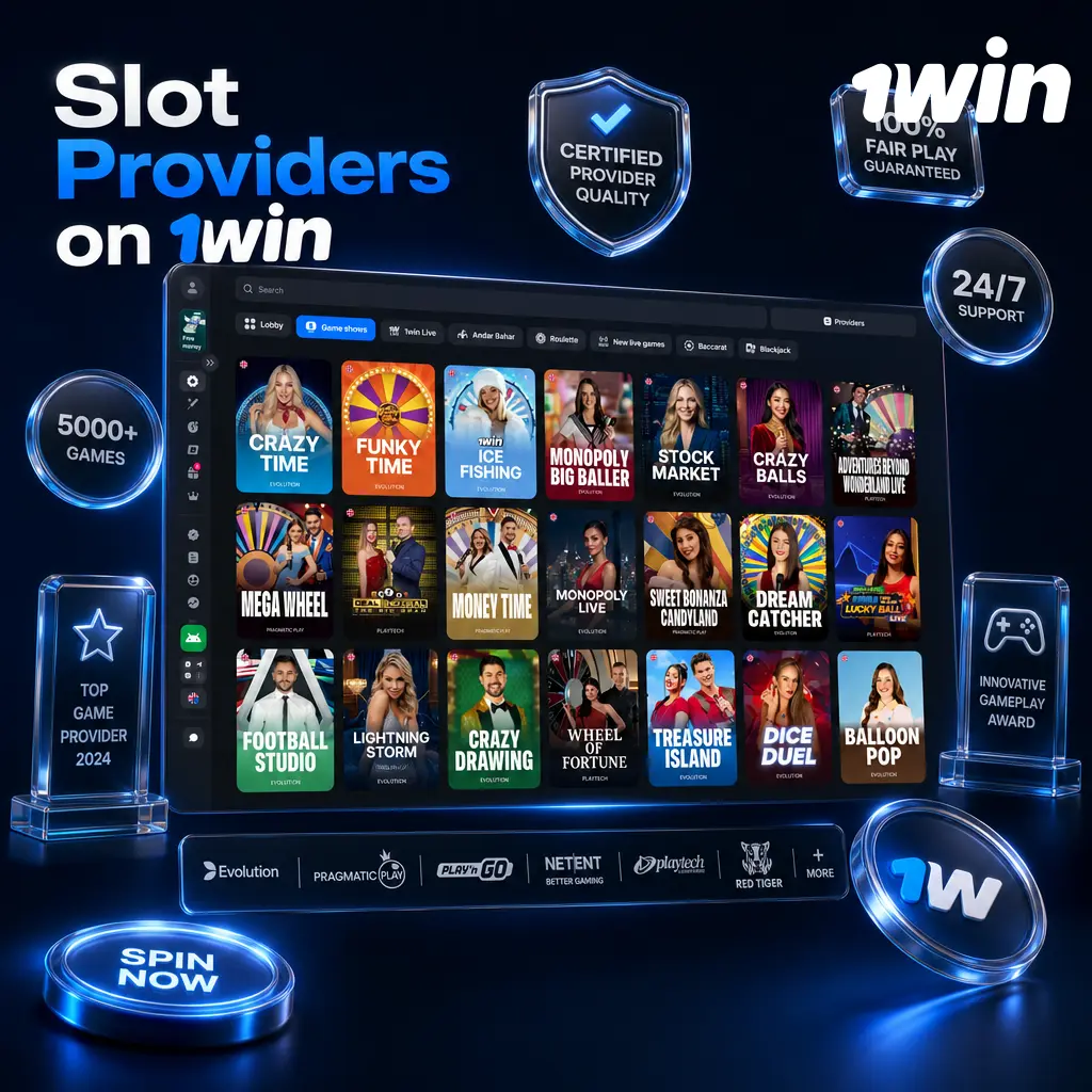1win casino lobby showcasing slots from 70+ providers including Pragmatic Play, NetEnt, Play'n GO, Hacksaw Gaming, and Evolution.