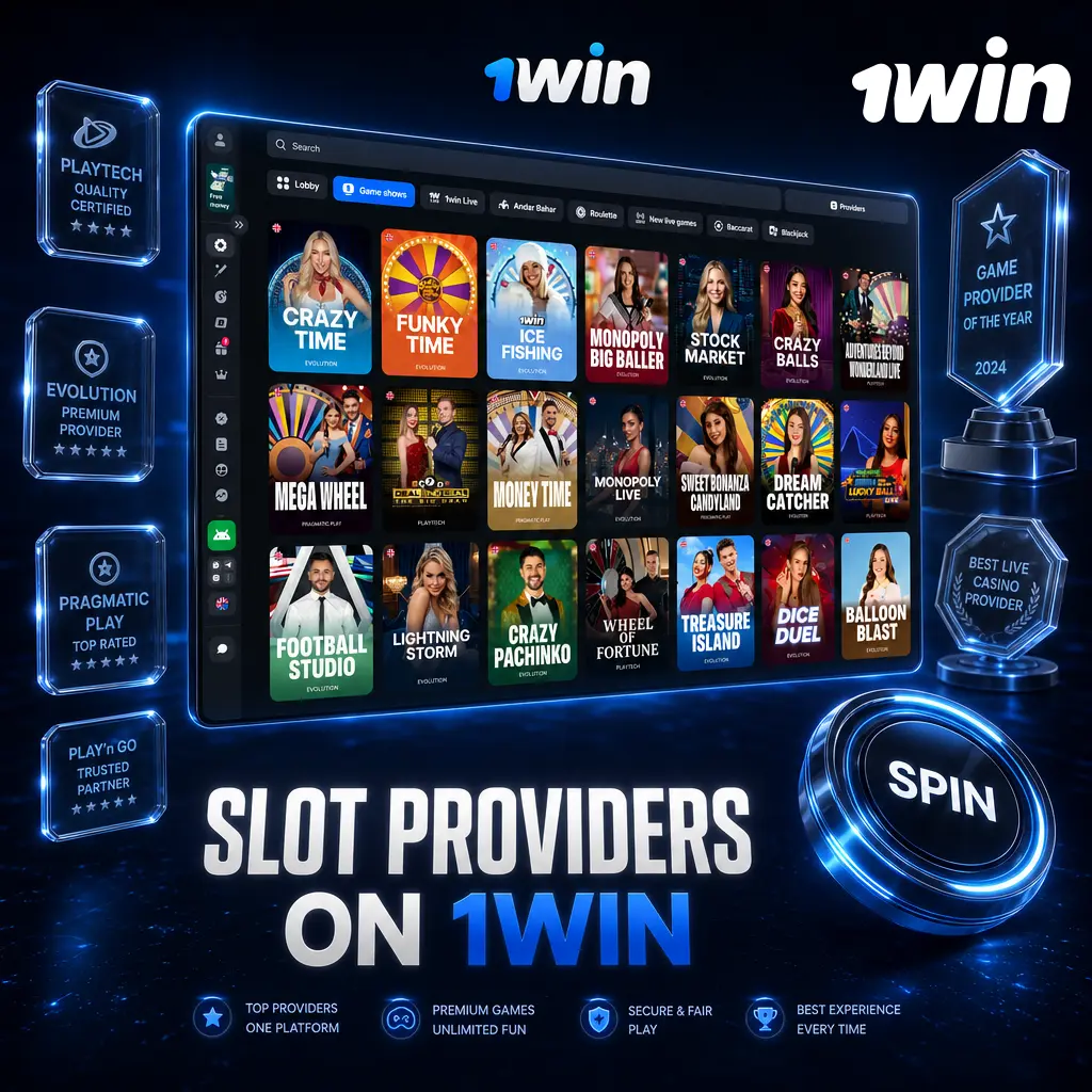 1win slot providers lineup featuring Pragmatic Play, NetEnt, Play'n GO, Hacksaw Gaming, Evoplay, Spribe, and Microgaming logos.
