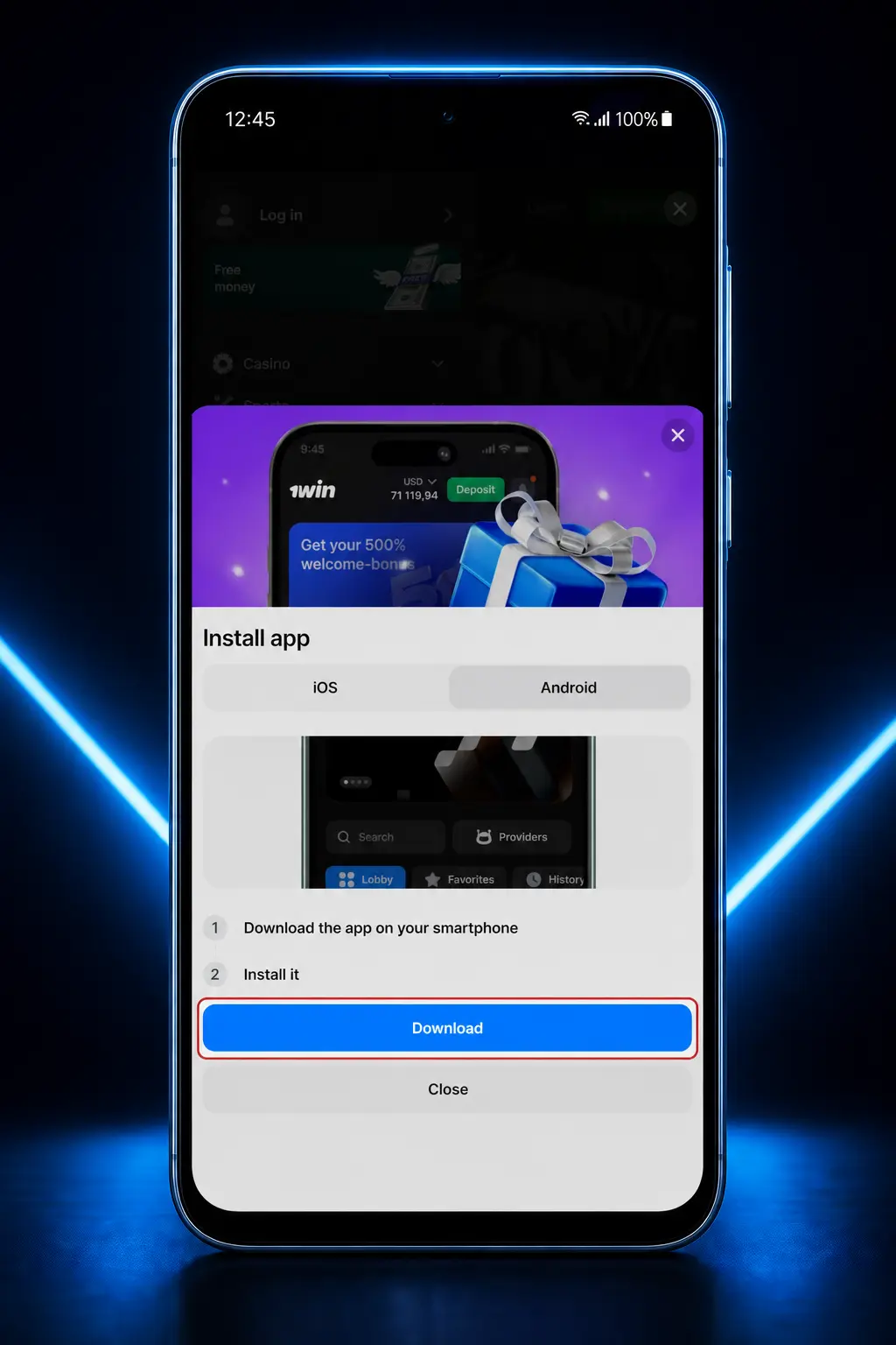 Step-by-step guide showing how to download, install, and set up the 1win Android APK on a mobile device.