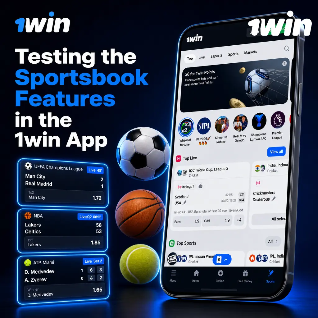 1win app sportsbook screen showing Live and Line betting markets, bet slip options, and sports like football, cricket, and esports